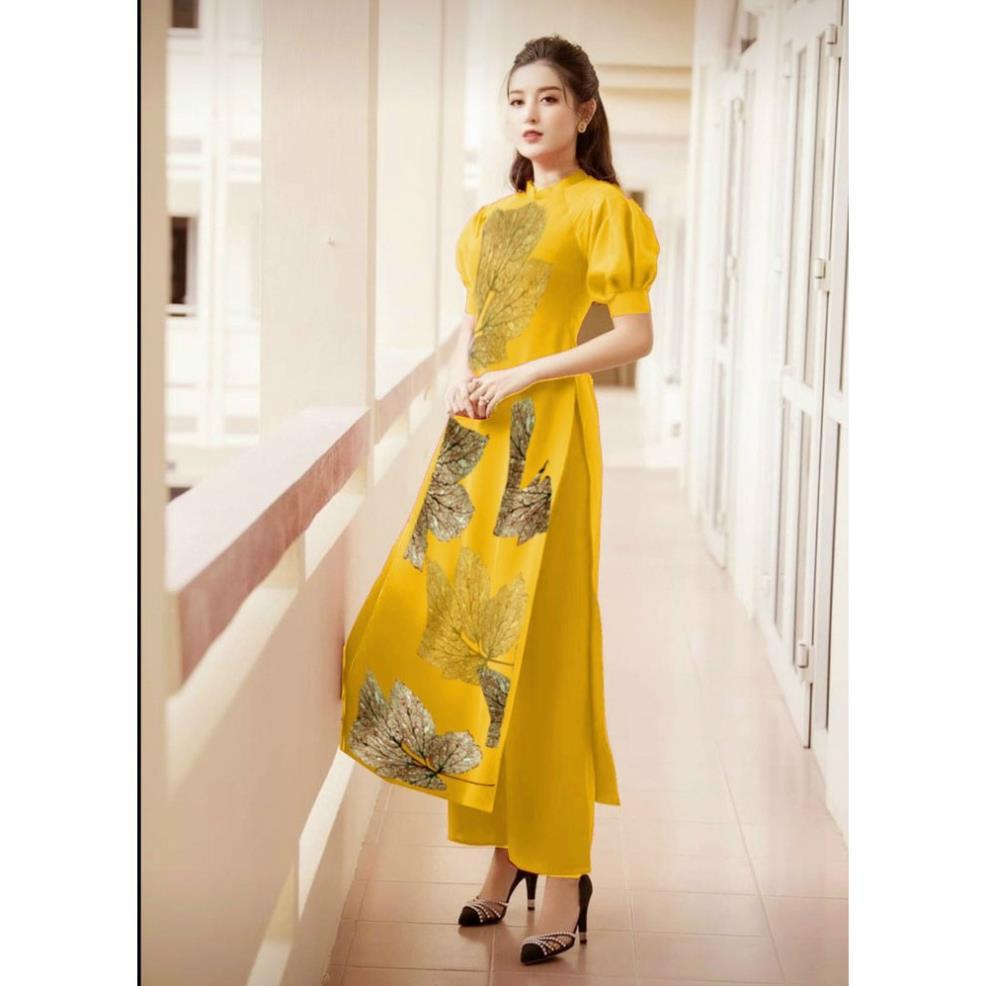 Set Bộ Áo Dài Lụa Họa Tiết Chiếc Lá Hàng Thiết Kế Cực Sang Trọng Quý Phái - BY2118A
