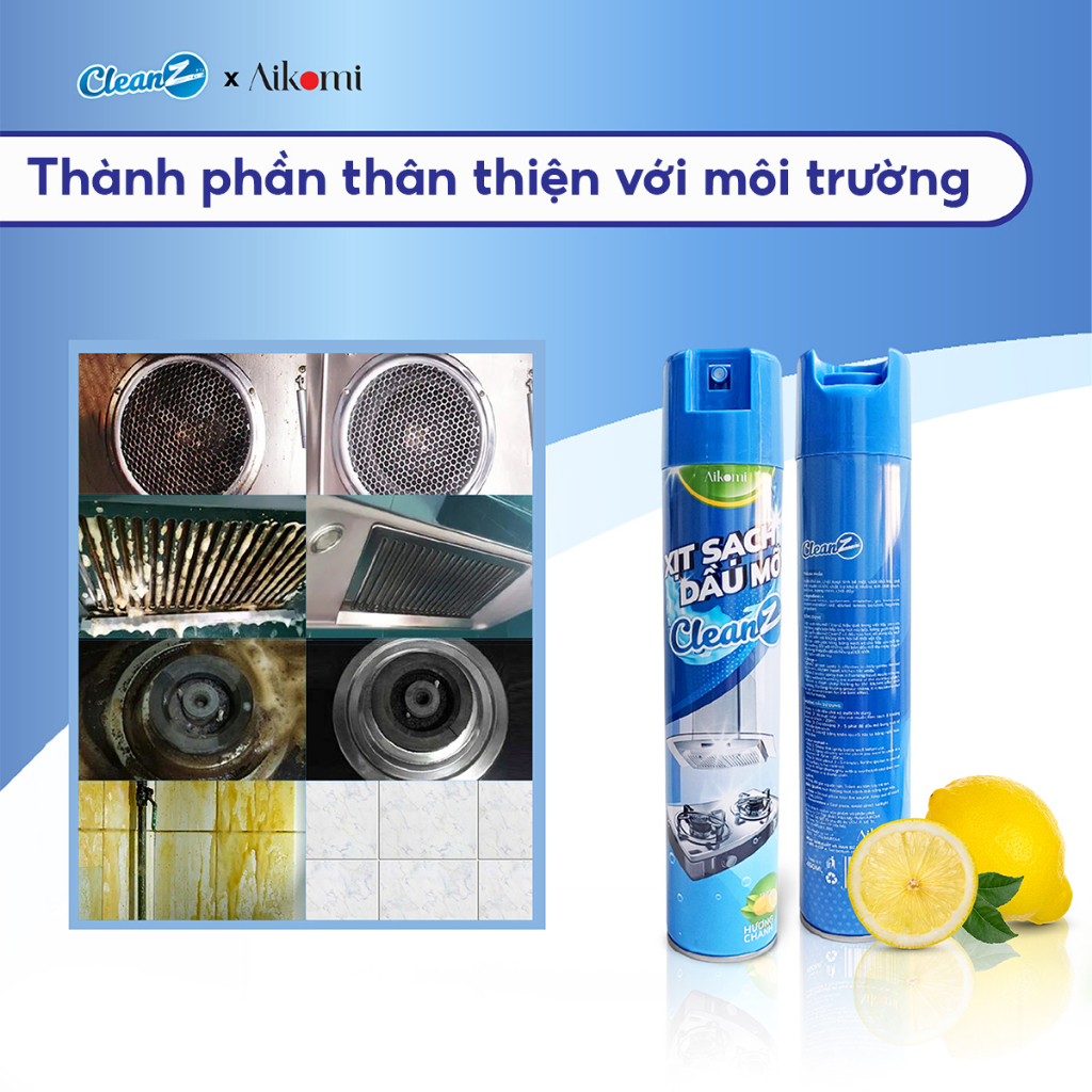 Bình xịt làm sạch dầu mỡ nhà bếp tường gạch máy hút mùi CleanZ 450ml Hương Chanh