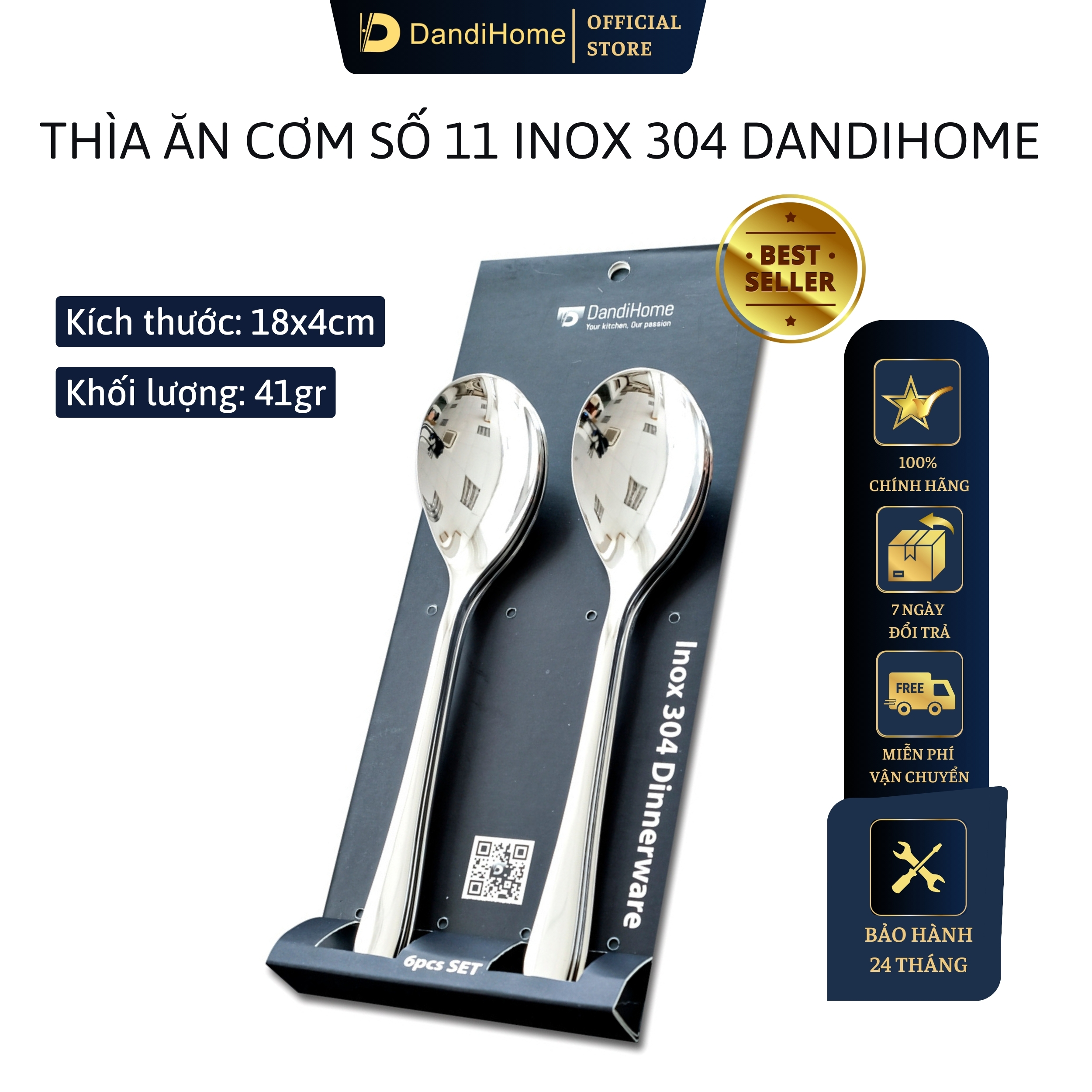 Bộ 6 Thìa Inox 304 Cán Dài Kiểu Châu Á Số 11