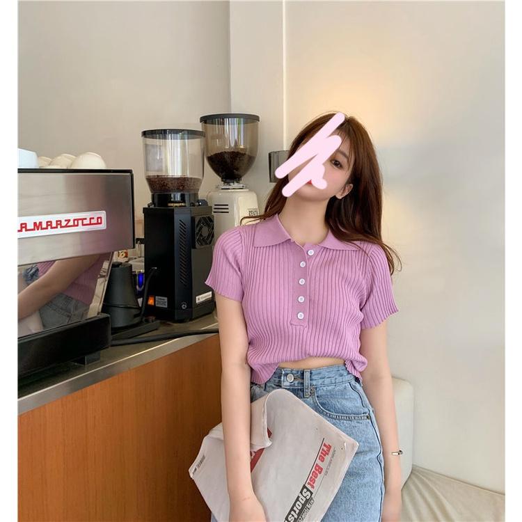 Áo croptop dệt kim tay ngắn cổ polo thời trang Hàn Quốc thanh lịch