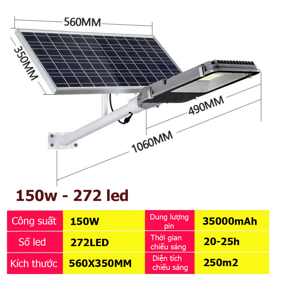 Đèn led năng lượng mặt trời 150w -272 led- có cảm biến- remote - pin 35000