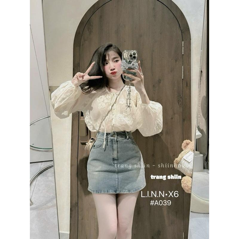 Set ren thêu hoa nổi chân váy bò tiểu thư  BY JOLIE