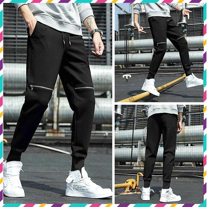 Quần Jogger khóa gối kiểu, Dài Bo Gấu dưới ống - Chất Vải Kaki Kiểu Thể Thao UNISEX một Màu Đen. 03x