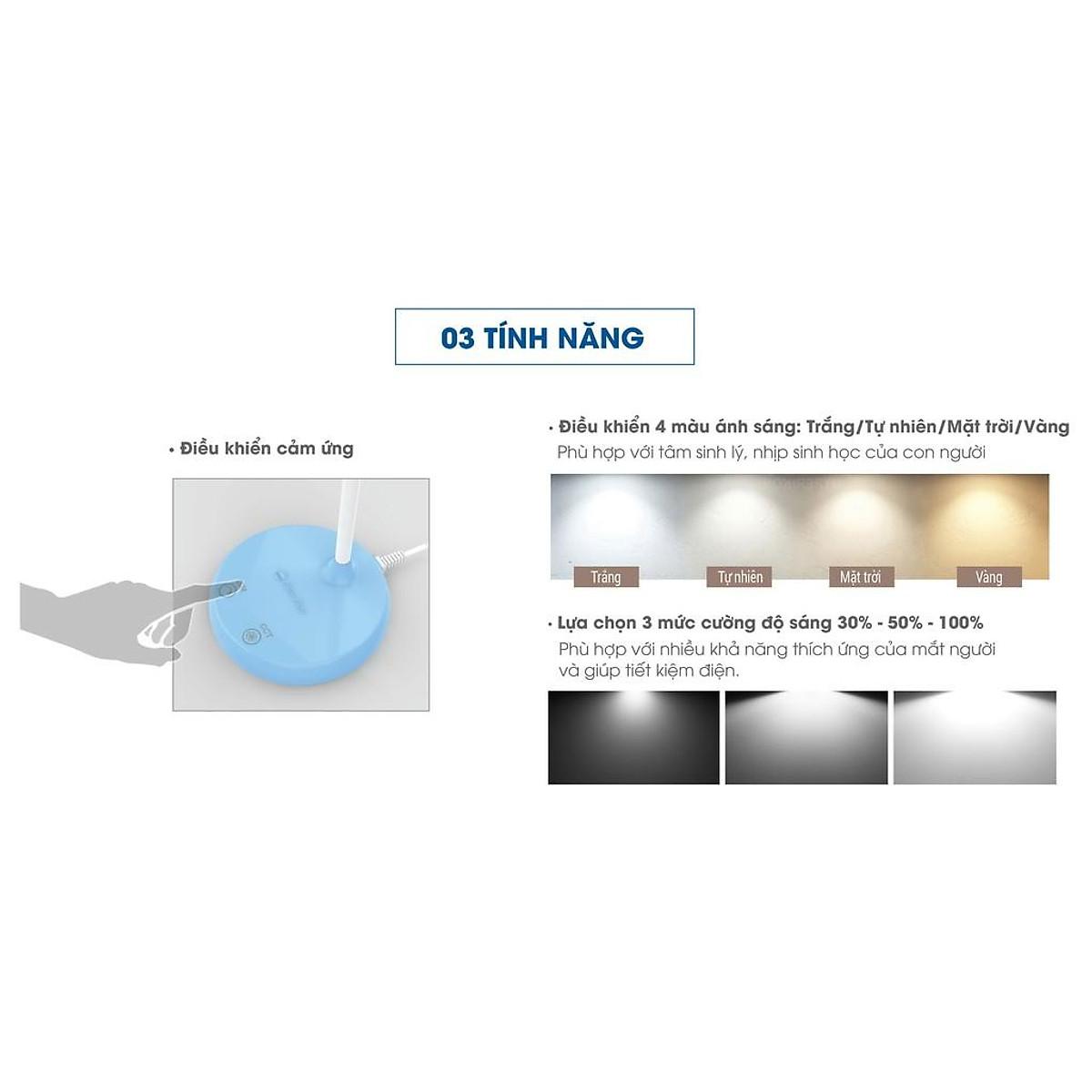 Đèn bàn bảo vệ thị lực Rạng Đông 3 cấp 4 màu ánh sáng, công nghệ LED Sunlike, điều khiển cảm ứng