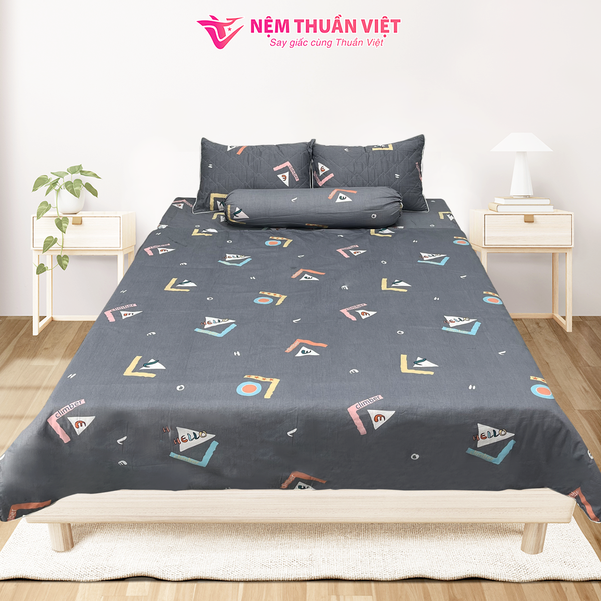 Bộ Ga Gối 100% Cotton Thuần Việt - Xám COT03