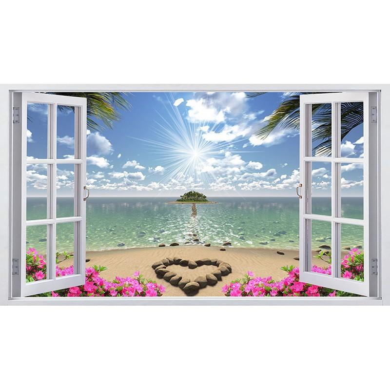 Tranh dán tường 3D cửa sổ phong cảnh biển - Vải lụa phủ kim sa