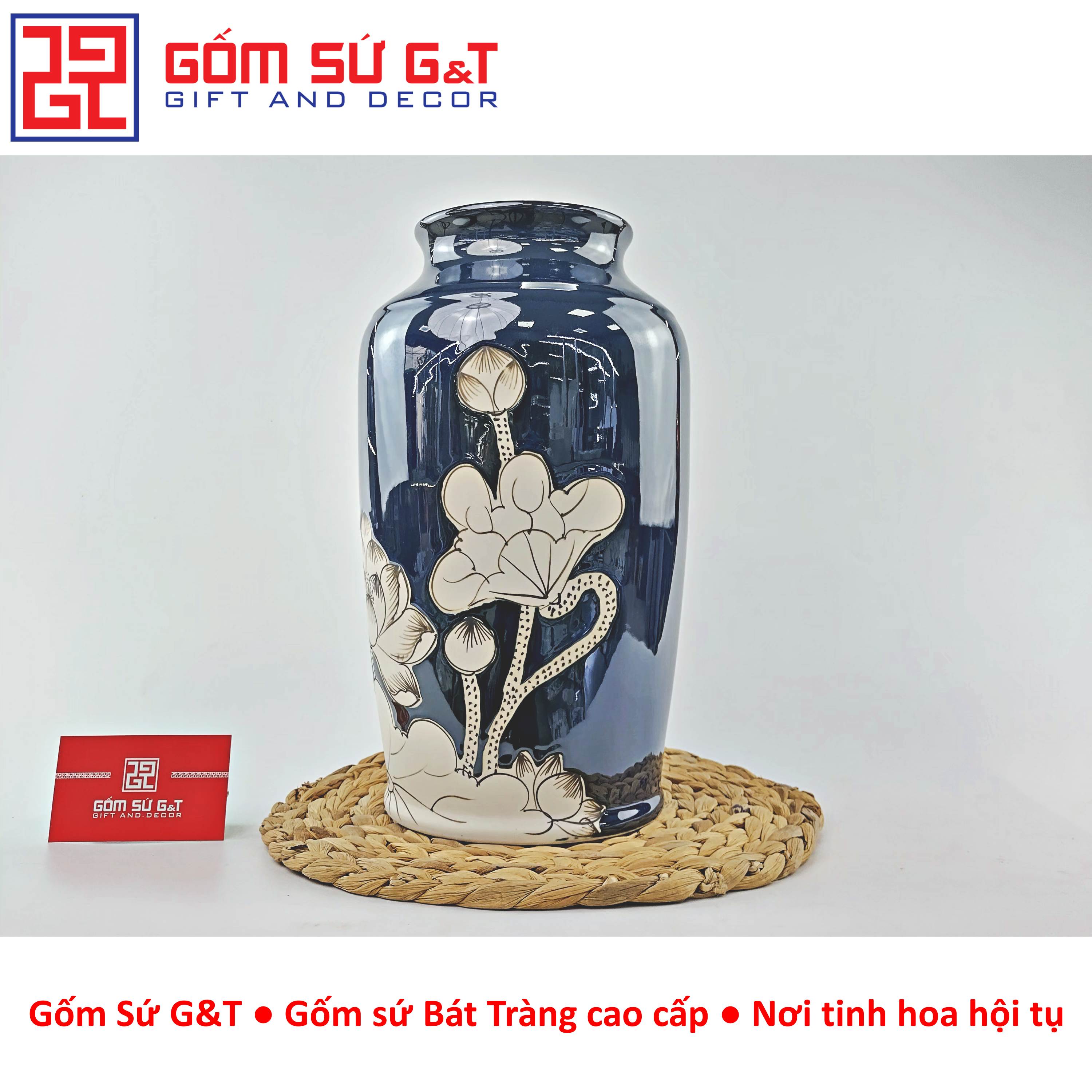 Lọ hoa men hỏa biến dáng thạp vẽ sen Gốm Sứ G&amp;T
