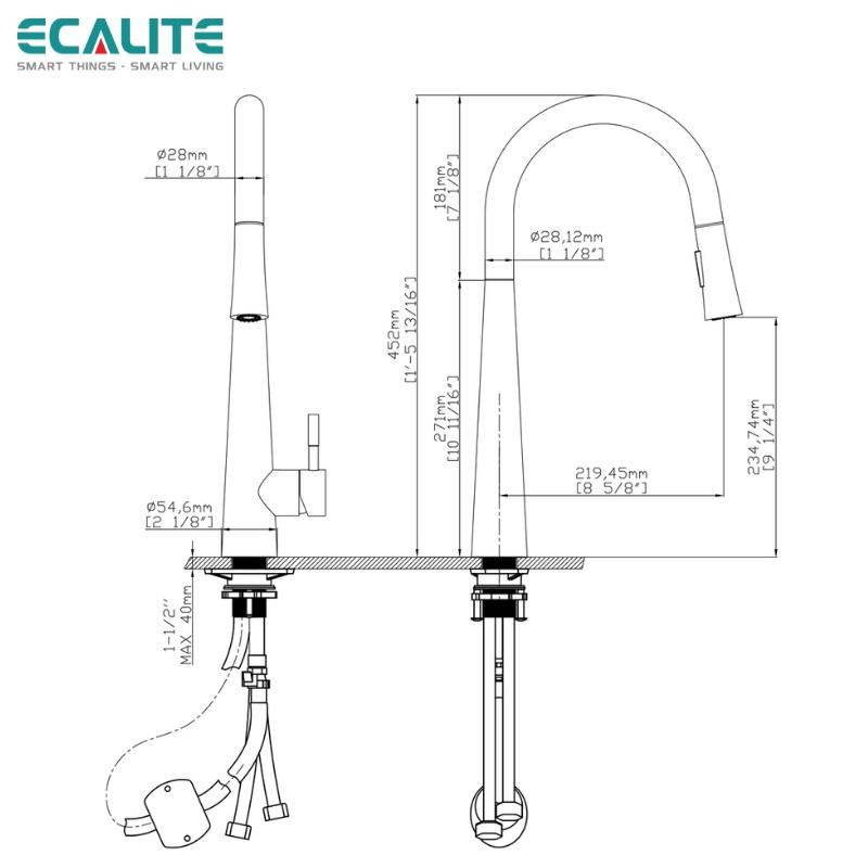 Vòi Rửa Chén Nóng Lạnh Pull-down Ecalite EF-K149S - Có Dây Rút - Điều Chỉnh Tia Nước - Inox 304 Siêu Bền - Hàng Chính Hãng