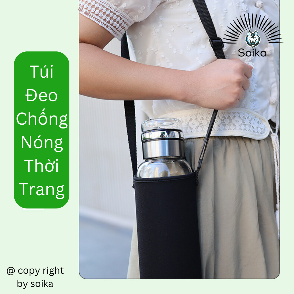 Bình Nước Thủy Tinh Chịu Nóng Lạnh SC07 Soika Dung Tích Lớn Có Túi Đeo Chéo