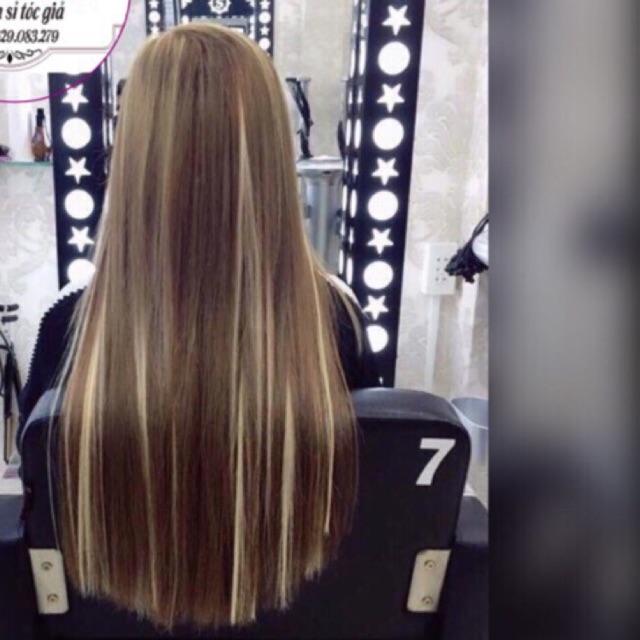 Tóc giả cao cấp nâu vàng line bạch kim- tặng lưới chùm tóc-hình thật