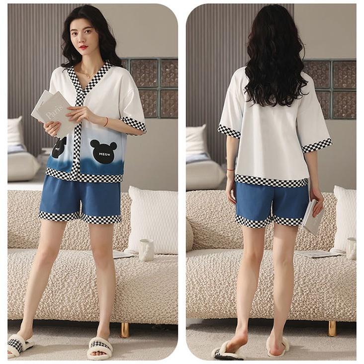 Bộ Pyjama Nữ Phối Viền Caro Dễ Thương, Set Ngủ Nữ Cộc Tay Ống Rộng 3 Màu Hàng Đẹp Cao Cấp