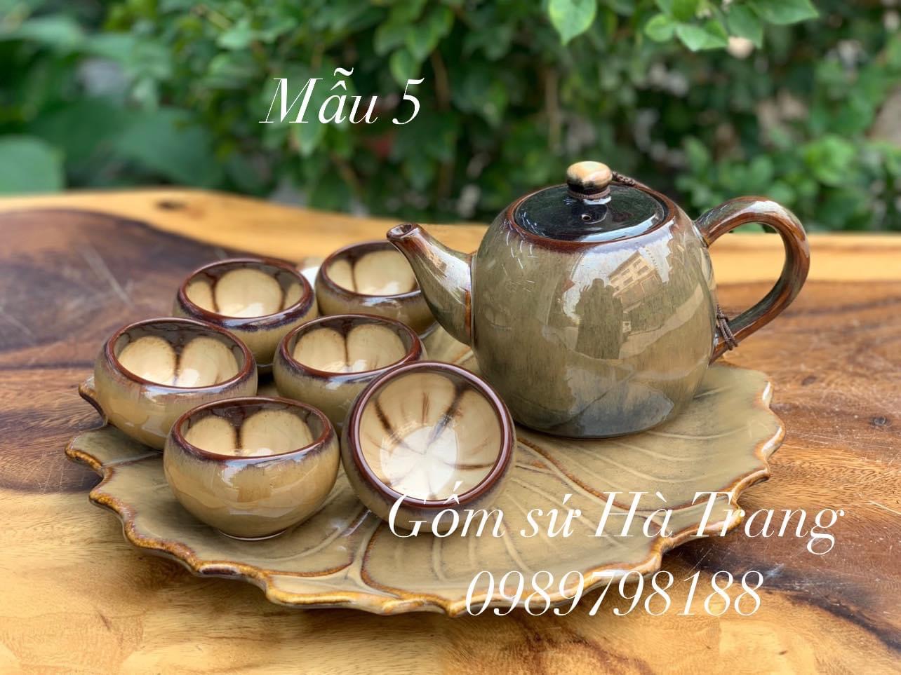 Bộ trà bộ ấm chén gốm sứ Bát Tràng cao cấp men hoả biến dung tích 400ml kèm khay sứ
