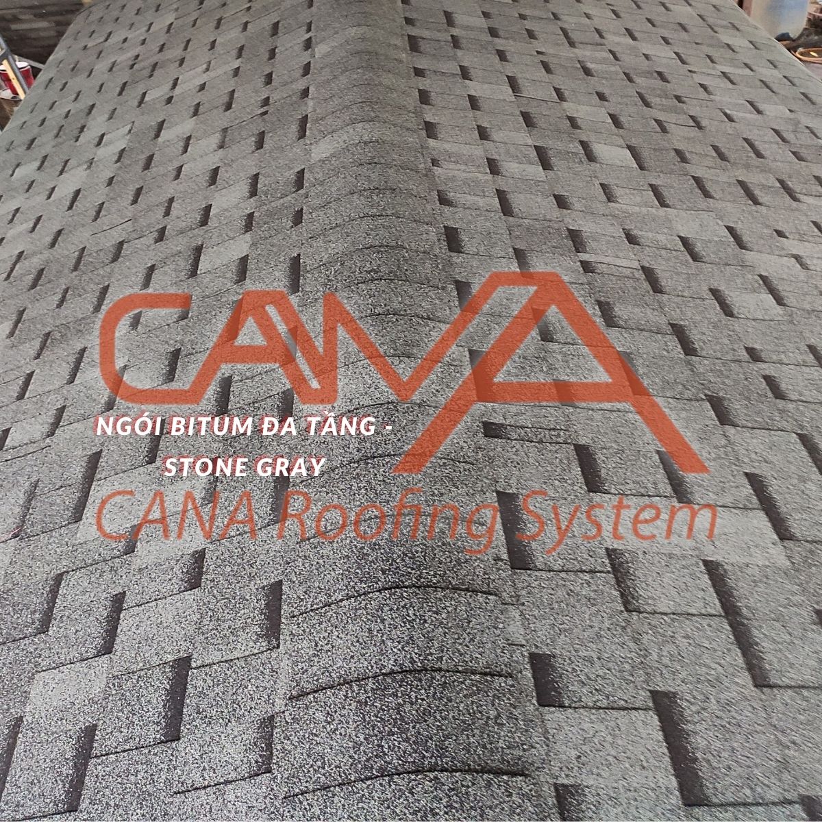 Tấm lợp nhựa đường CANA đa tầng Stone Gray - ngói lợp nhựa đường 2 lớp phủ đá Hàn Quốc cho biệt thự, nhà gỗ, nhà tiền chế đóng gói 14 tấm/2.54m2/gói