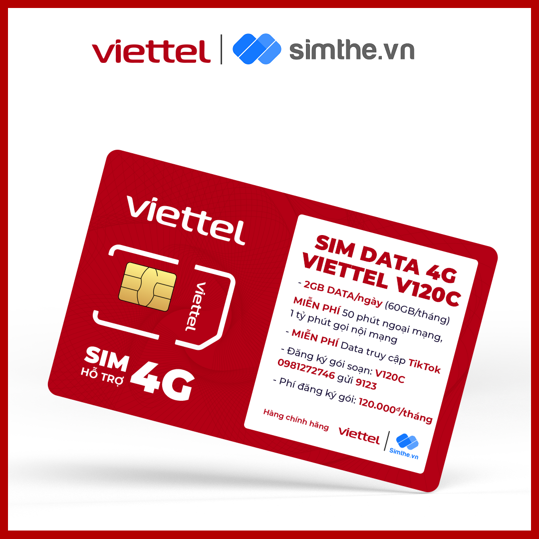 Sim DATA 4G VIETTEL V120C 2GB/Ngày - 60GB/Tháng. Miễn Phí Gọi Ngoại Mạng - Tặng 1 Tỷ Phút Gọi Nội Mạng - Miễn Phí Max Data Truy Cập TikTok. Dùng Toàn Quốc Không Bị Khoá Zone - HÀNG CHÍNH HÃNG