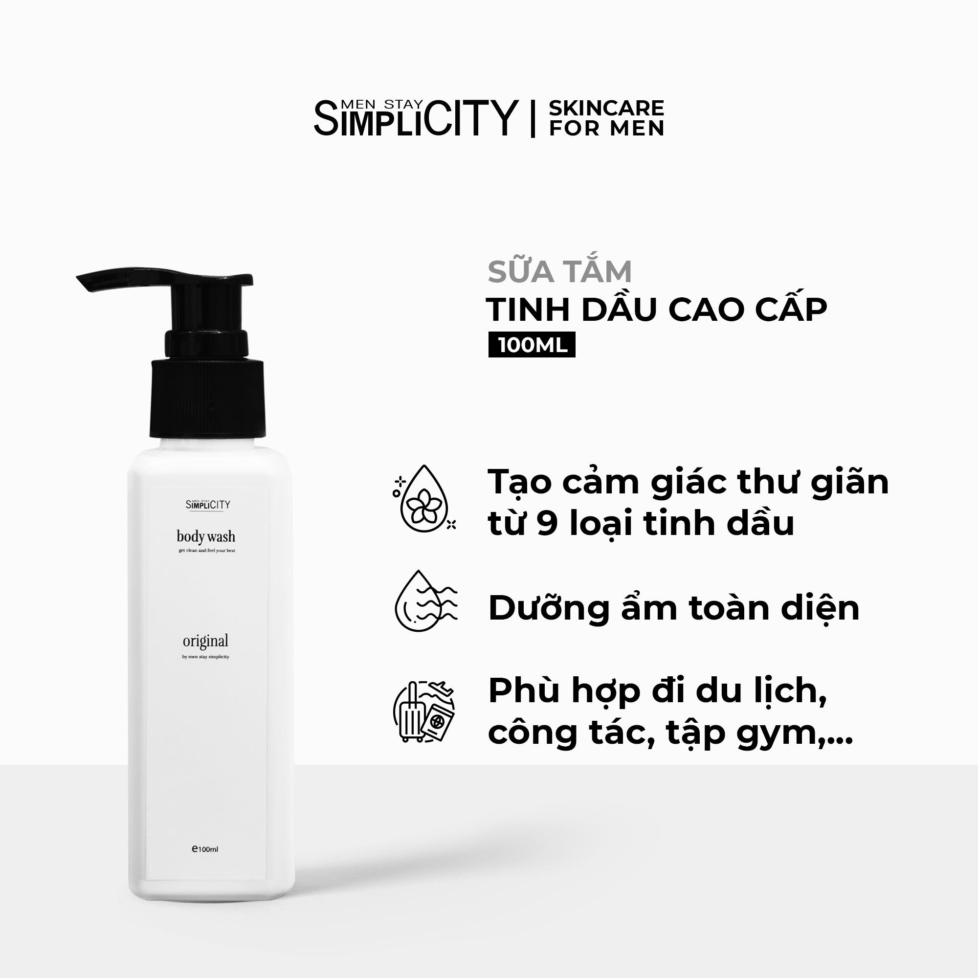 Bộ đôi tắm sạch toàn thân nhỏ gọn, tiện lợi, dễ mang theo: Sữa tắm tinh dầu cao cấp 100ml và Dung dịch vệ sinh nam 80ml làm sạch & ngăn mùi Men Stay Simplicity