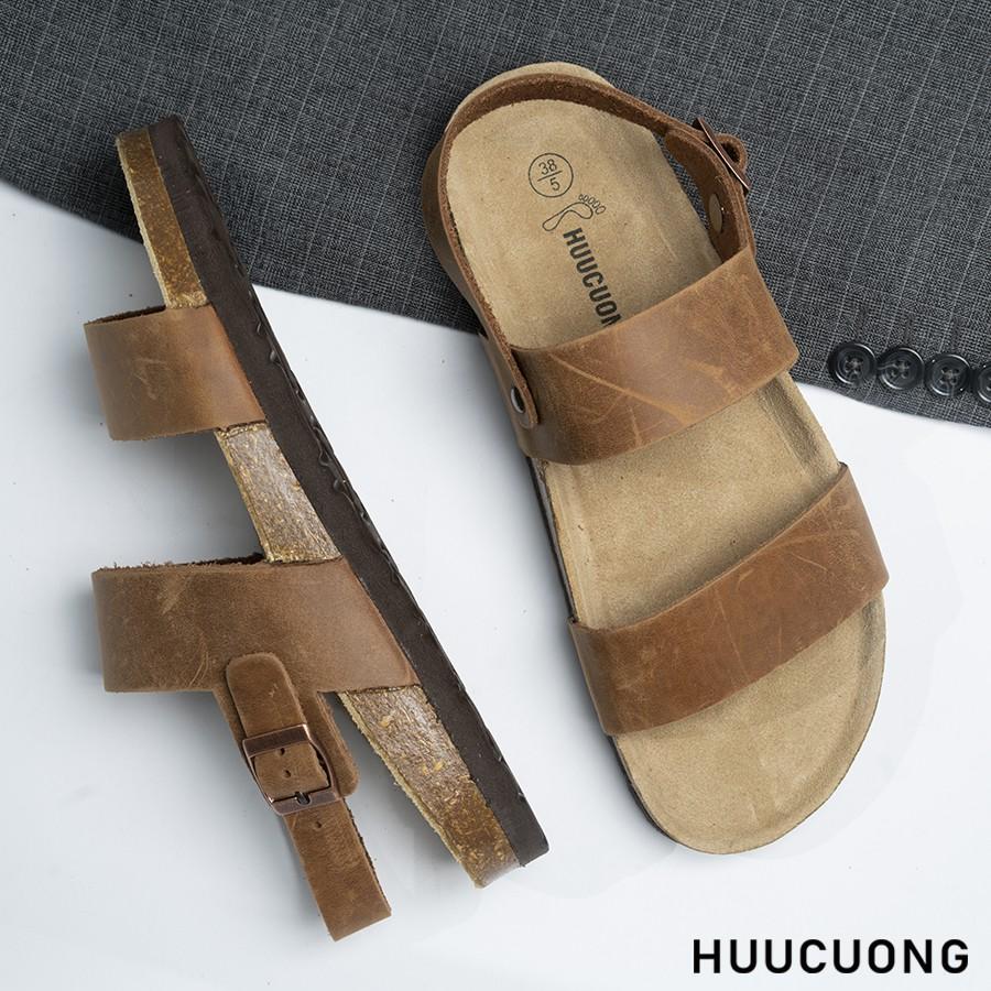 Sandal HuuCuong 2 quai da bò nâu đế trấu