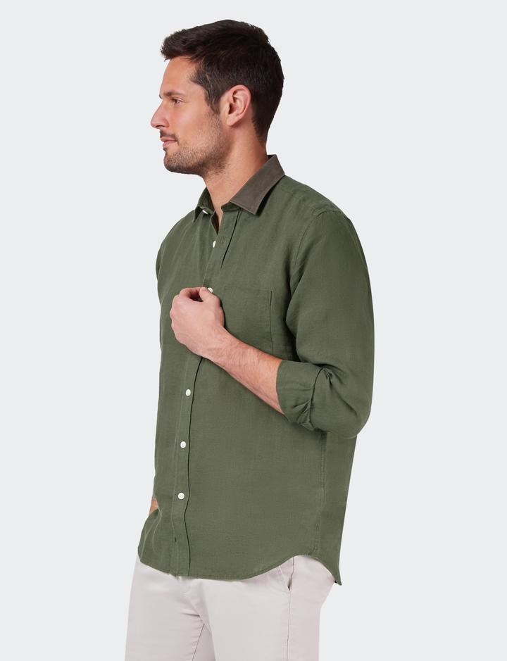 Áo Sơ Mi Nam Hazzys Linen Olive Plain Slim Fit Shirt - SIZE 95/100
