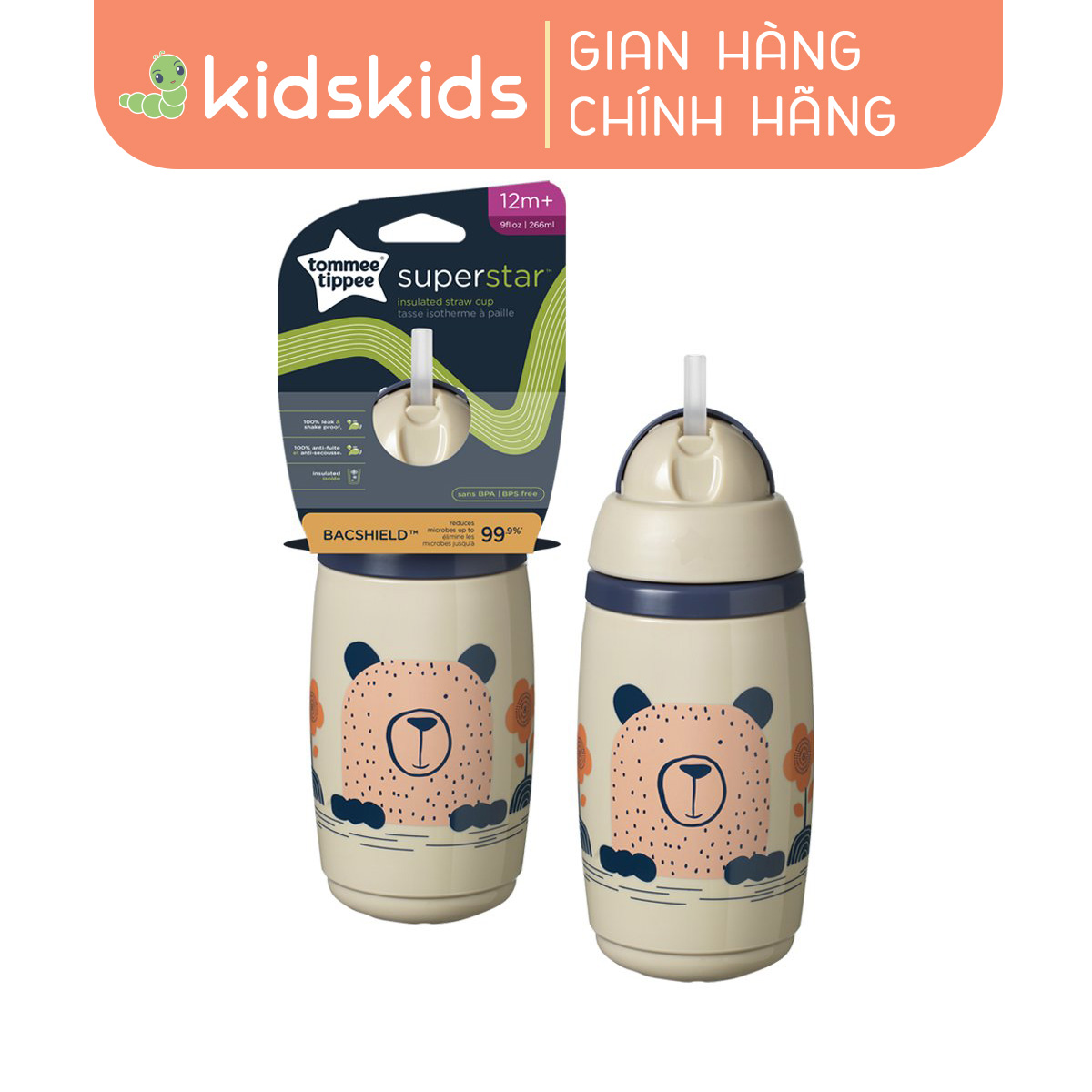 Bình uống nước giữ nhiệt có ống hút kháng khuẩn chống tràn, chống sặc Tommee Tippee SuperStar, 266ml, cho bé từ 12 tháng – Xám