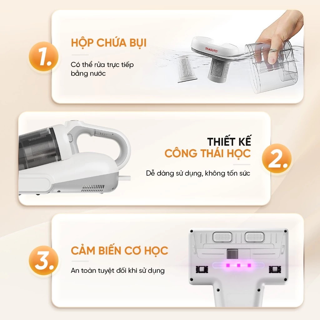 Máy hút bụi giường nệm cầm tay Masuto MSDreamer - UV diệt khuẩn, 2 buồng lọc bụi Cyclone Hepa, lực hút mạnh 13000Pa - Hàng chính hãng