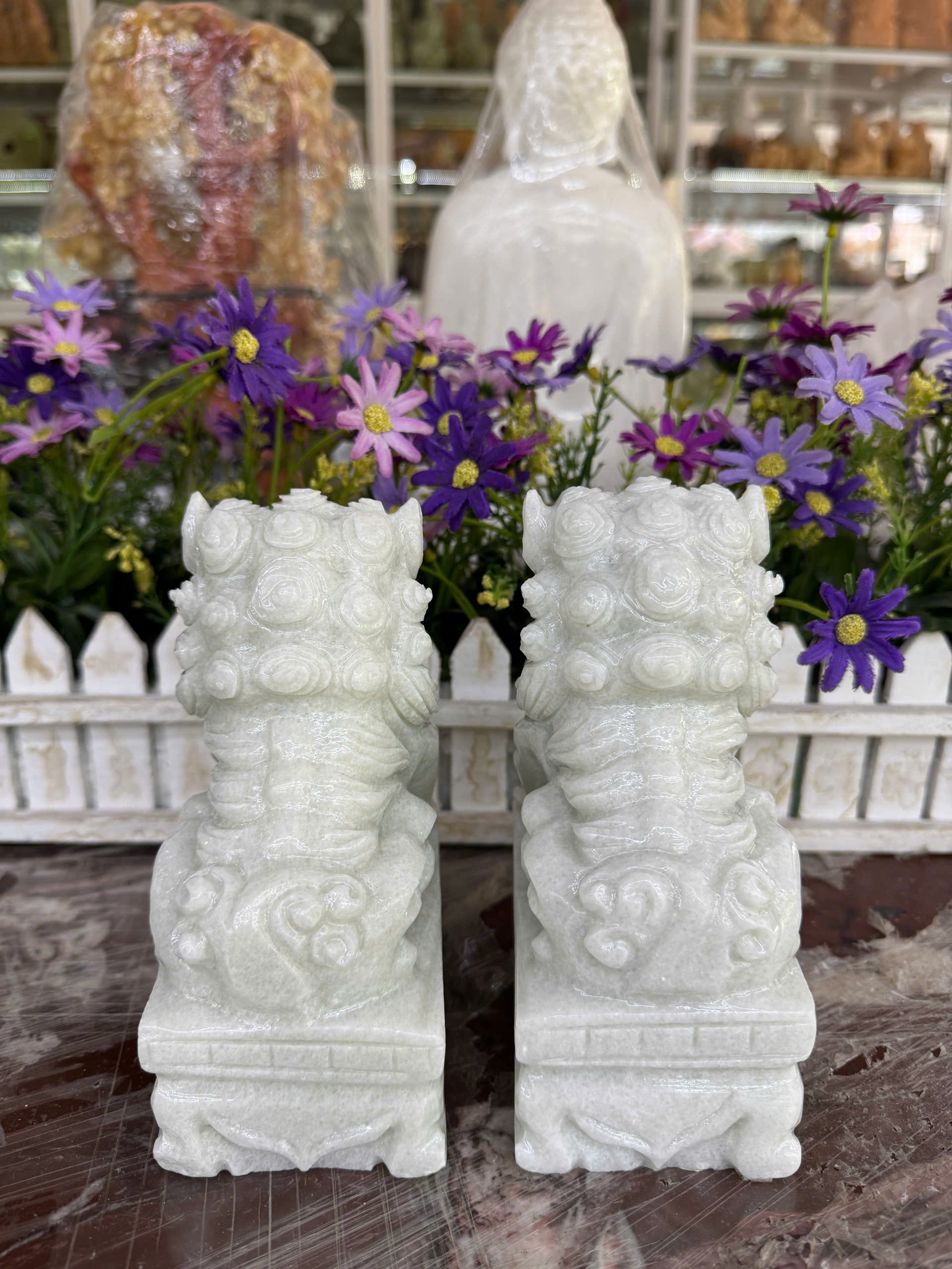 Cặp tượng Kỳ Lân phong thủy đá trắng xanh - Cao 15 cm