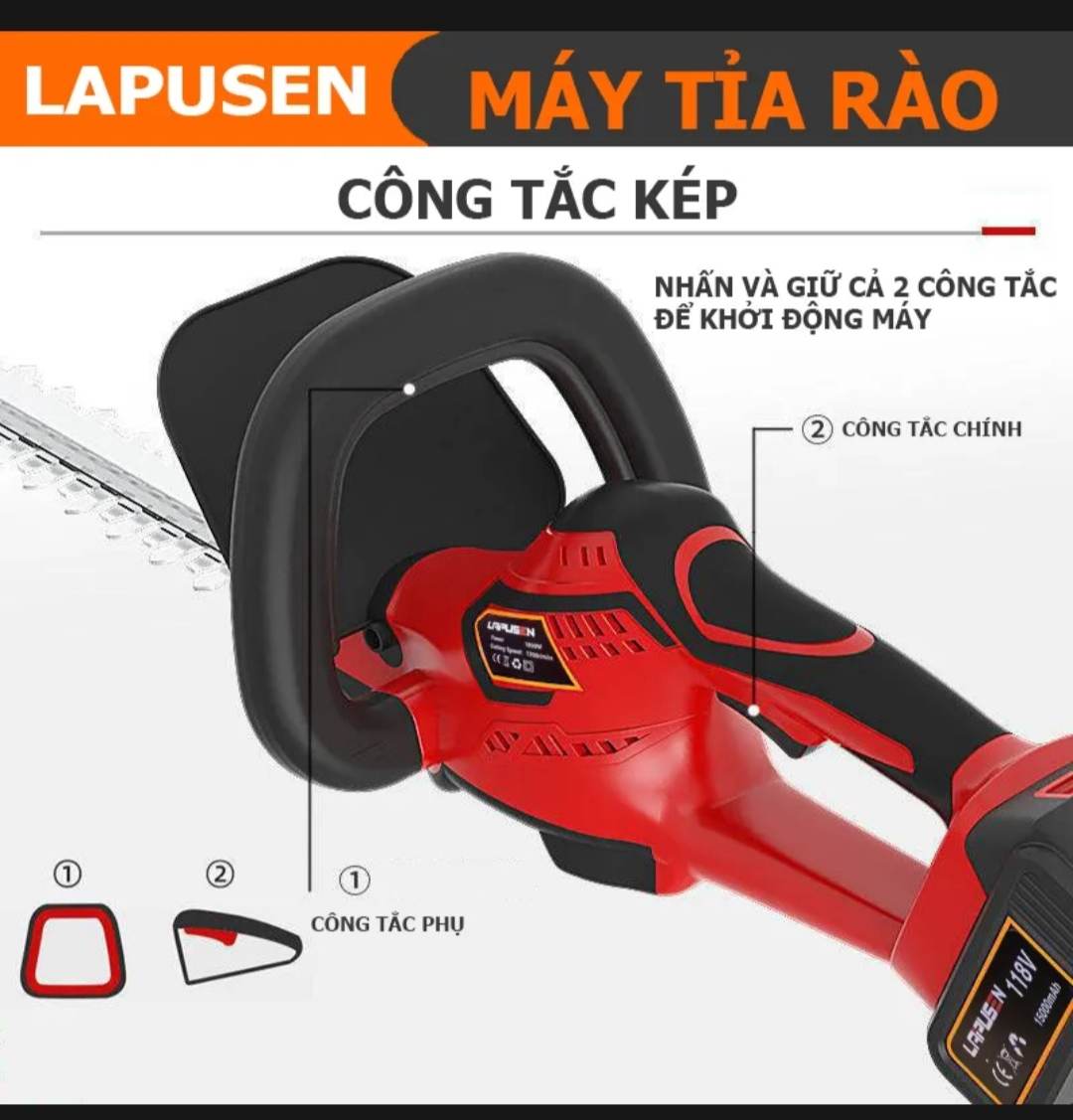 Máy cắt tỉa hàng rào cây cảnh 119V, công suất 1800W, động cơ lõi đồng 100%, máy tỉa cây cảnh dùng pin 119V, chân pin phổ thông, máy cắt tỉa hàng rào chiều dài lưỡi 54cm, Tốc độ lưỡi cắt 1200 rpm.