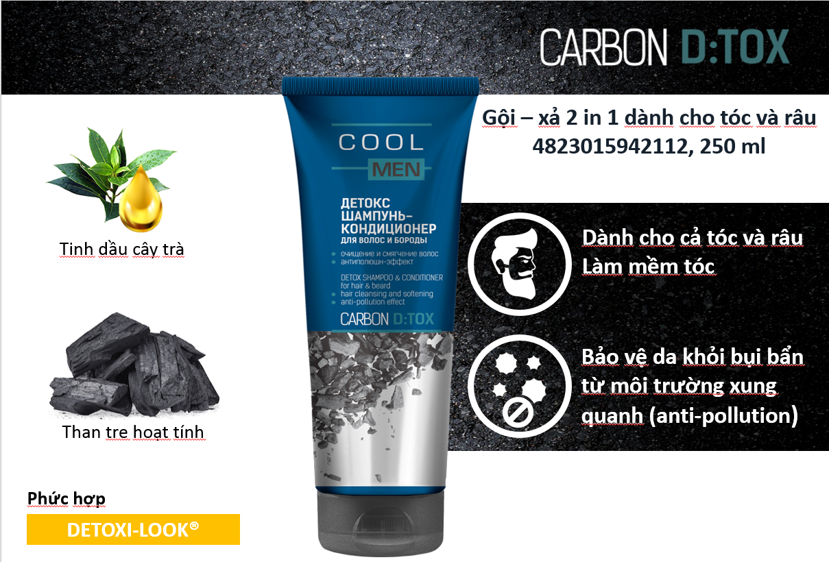 Gội xả 2in1 detox than tre hoạt tính Cool Men Detox Carbon 250ml