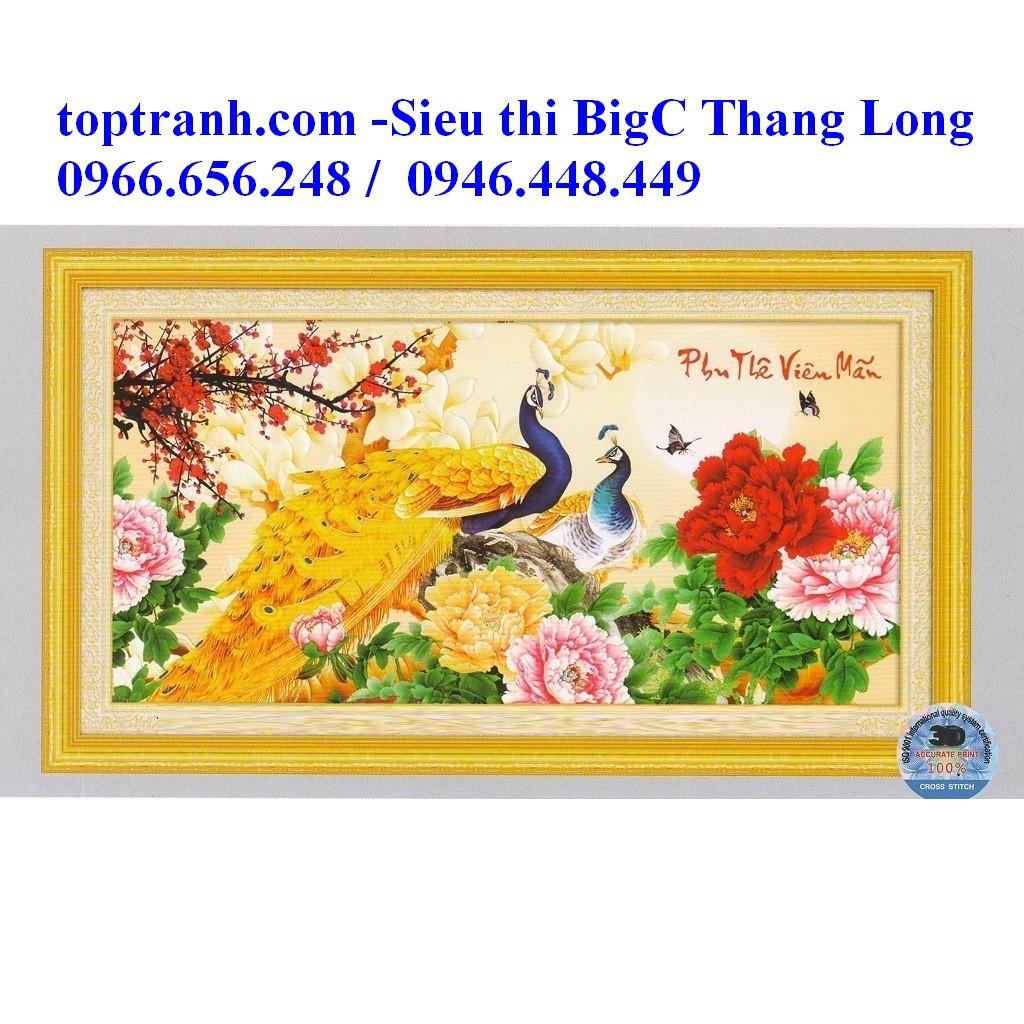 Tranh thêu chữ thập Phu thê viên mãn 2 con công màu vàng và hoa mẫu đơn 222973 chưa thêu