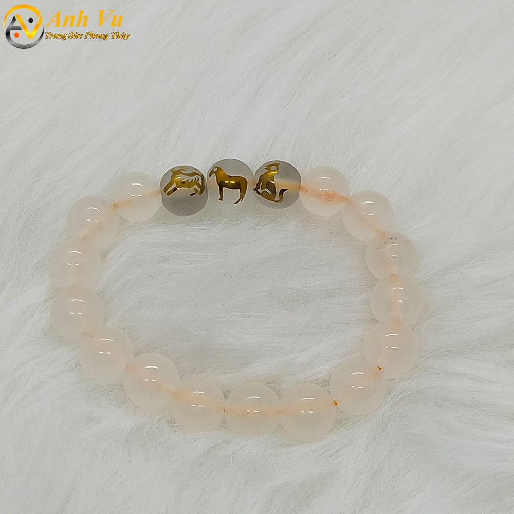 Vòng tay phong thủy đá mã não trắng tự nhiên - tam hợp dần ngọ tuất - size 8 10ly cho nữ mệnh thủy, mệnh kim - có khai quang điểm nhãn may mắn tài lộc - PHONG THỦY ANH VŨ