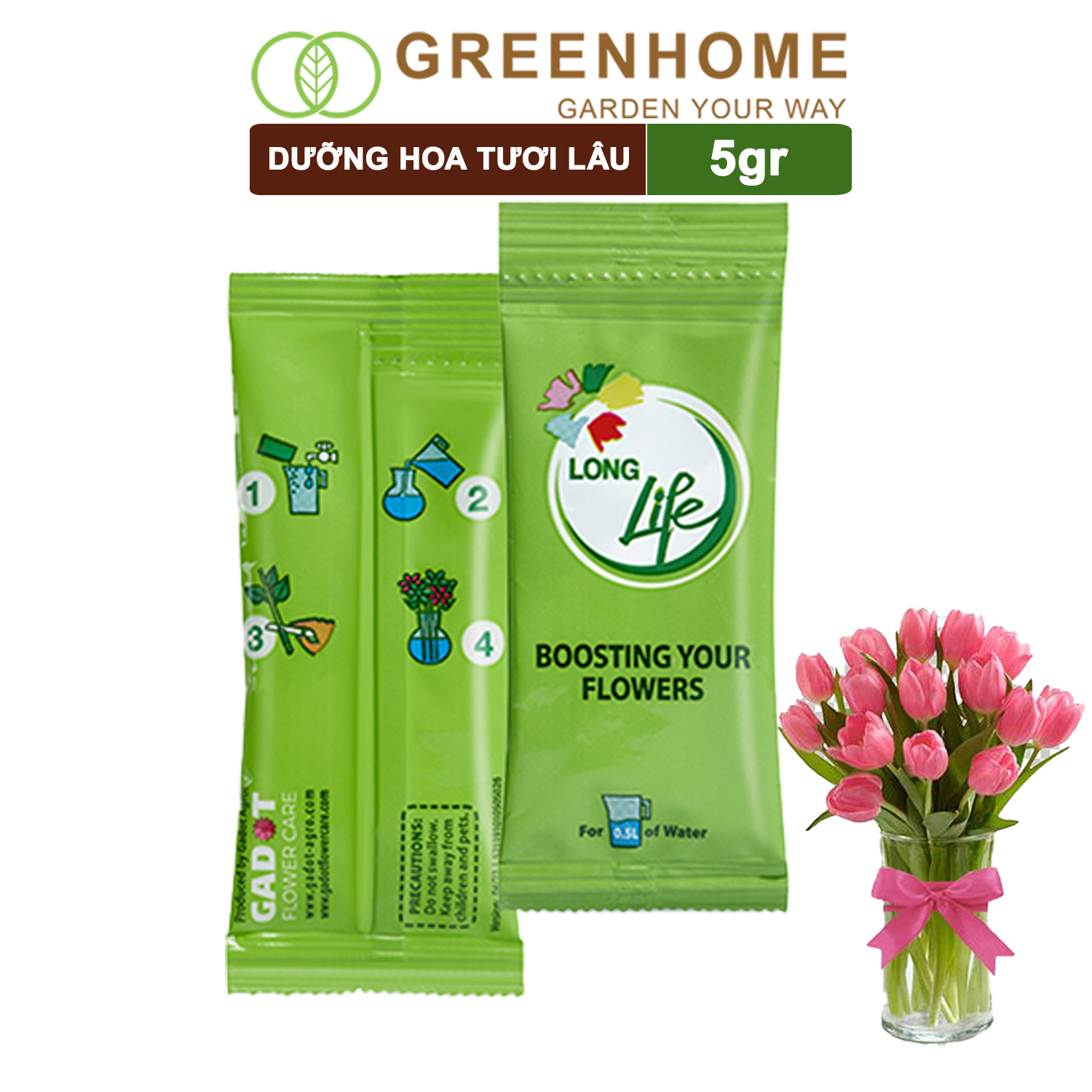 Dưỡng hoa lâu tàn Long Life, gói 5gr, hoa tươi lâu, nở bông to, không bị hôi nước |Greenhome