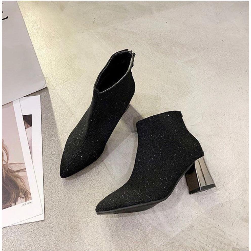 Bốt nữ khóa tròn sau cao 6 phân (mã 911- bốt nhũ gót bạc tráng gương