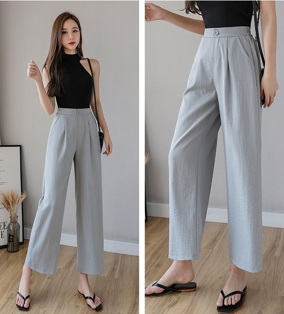 Quần dài nữ ống suông có túi thật xếp li cạp chun sau.