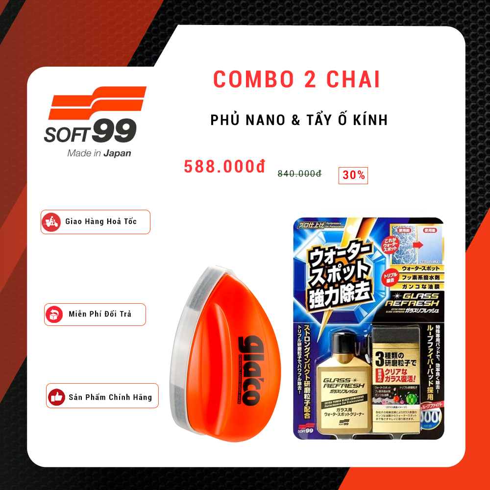 Combo Phủ Nano Glaco Q G-61 &amp; Tẩy Ố Kính Glass Stain Cleaner G-73 SOFT99