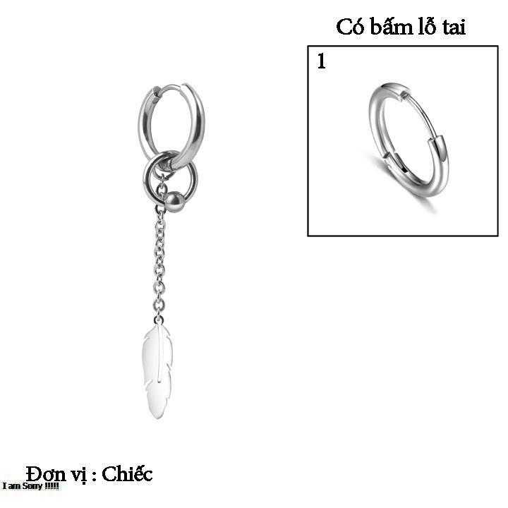 Bông tai nam inox cao cấp 1 chiếc Kpop thép không gỉ bấm lổ tai lông vũ tòn ten