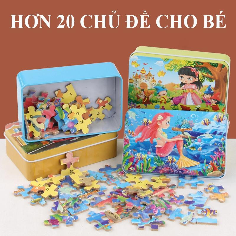 Đồ chơi tranh ghép 60 mảnh gỗ, Puzzle 60 mảnh hộp thiếc/ tranh xếp hình cho bé/ tranh ghép gỗ cho bé