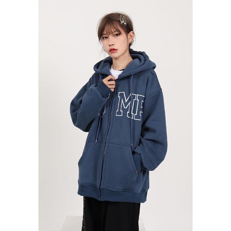 Áo hoodie, Áo khoác nỉ bông dày dặn màu xanh than JUMP khoá kéo zip dày dặn cá tính