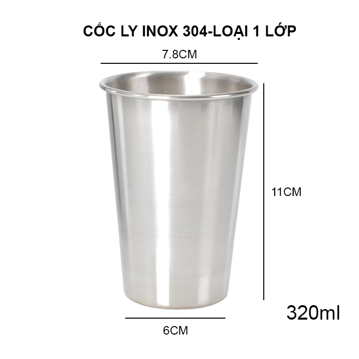 Cốc ly uống nước bằng inox 304 loại 1 lớp, dùng uống nước đa năng loại 320ml-500ml tùy chọn