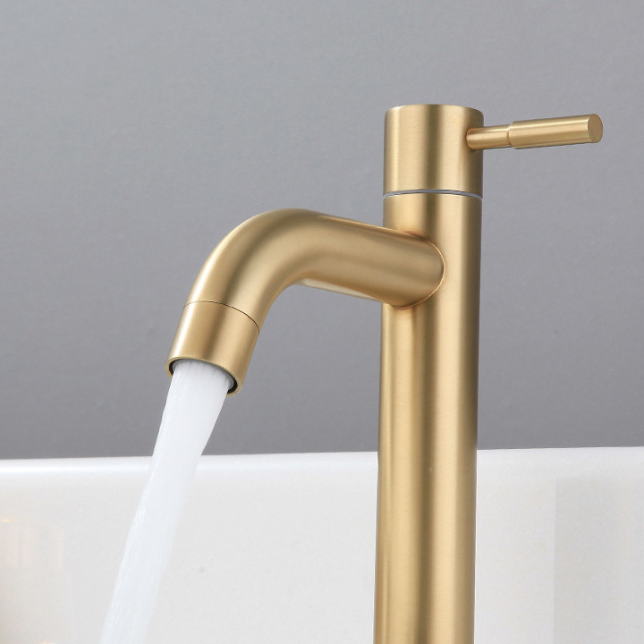 Vòi chậu rửa Lavabo nước lạnh, bằng inox 304 mạ màu vàng, loại dài 29.5cm lắp cho chậu lavabo nổi