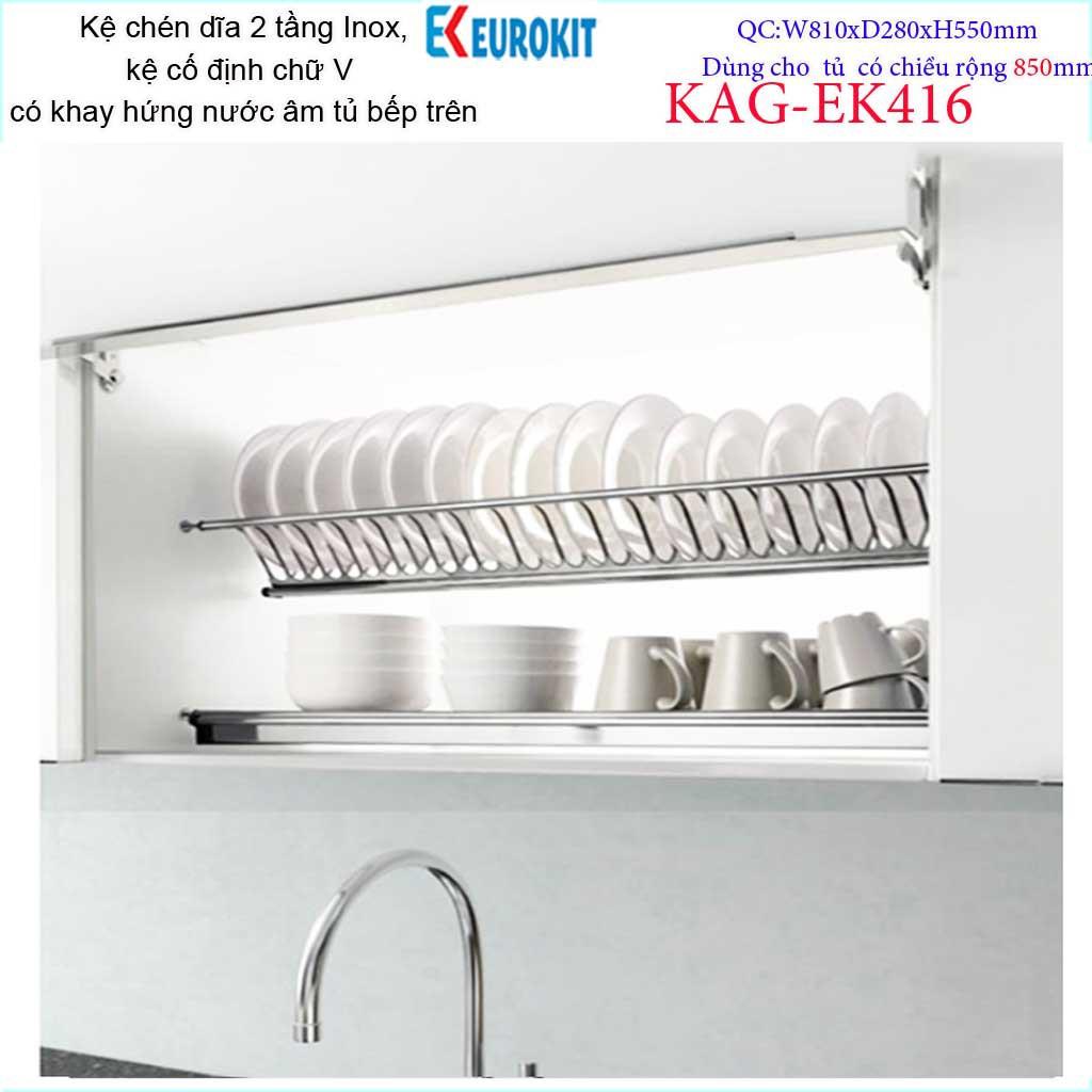 Kệ chén dĩa âm tủ chữ V KAG-EK416-85cm, Kệ chén bát 2 tầng Eurokit inox bóng cao cấp