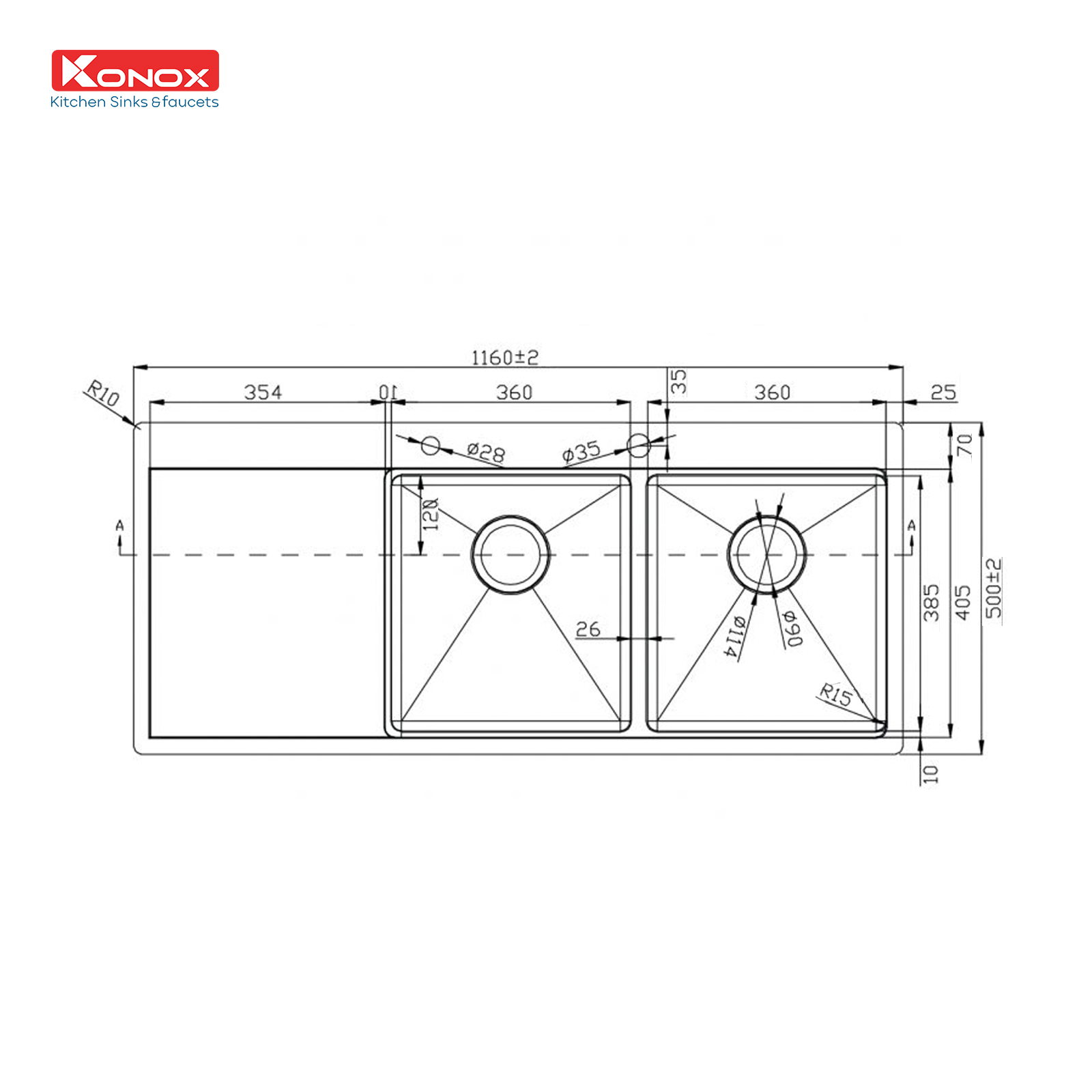 Chậu rửa bát inox Konox, Topmount Series, Model KN11650TD - Bàn Trái, Inox 304AISI tiêu chuẩn Châu Âu, Hạ Bậc tích hợp, 1160x550x220mm, Bảo hành chính hãng 10 năm