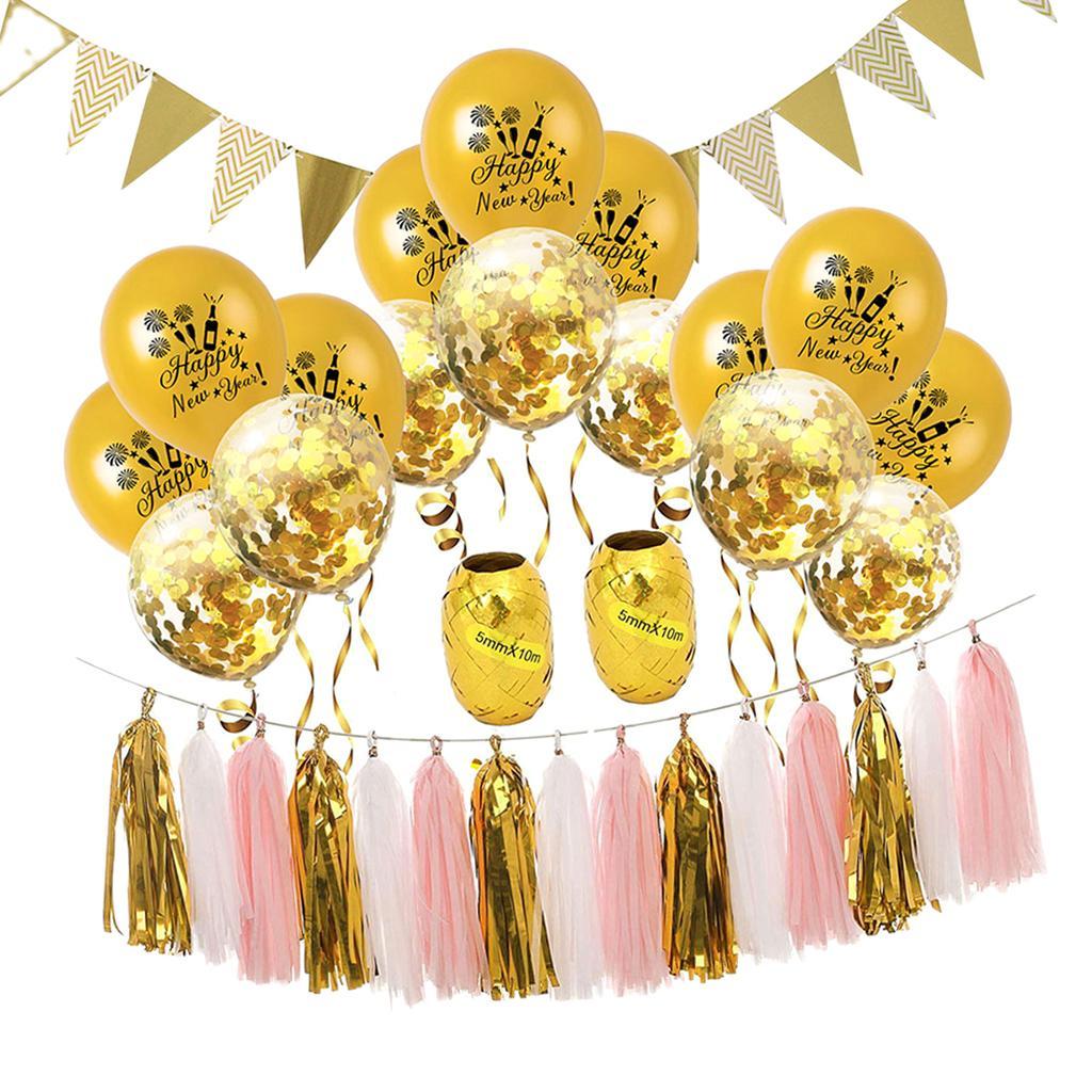 Happy New Year Balloon Tassel Bunting Banner Set Party Decoration Gold
