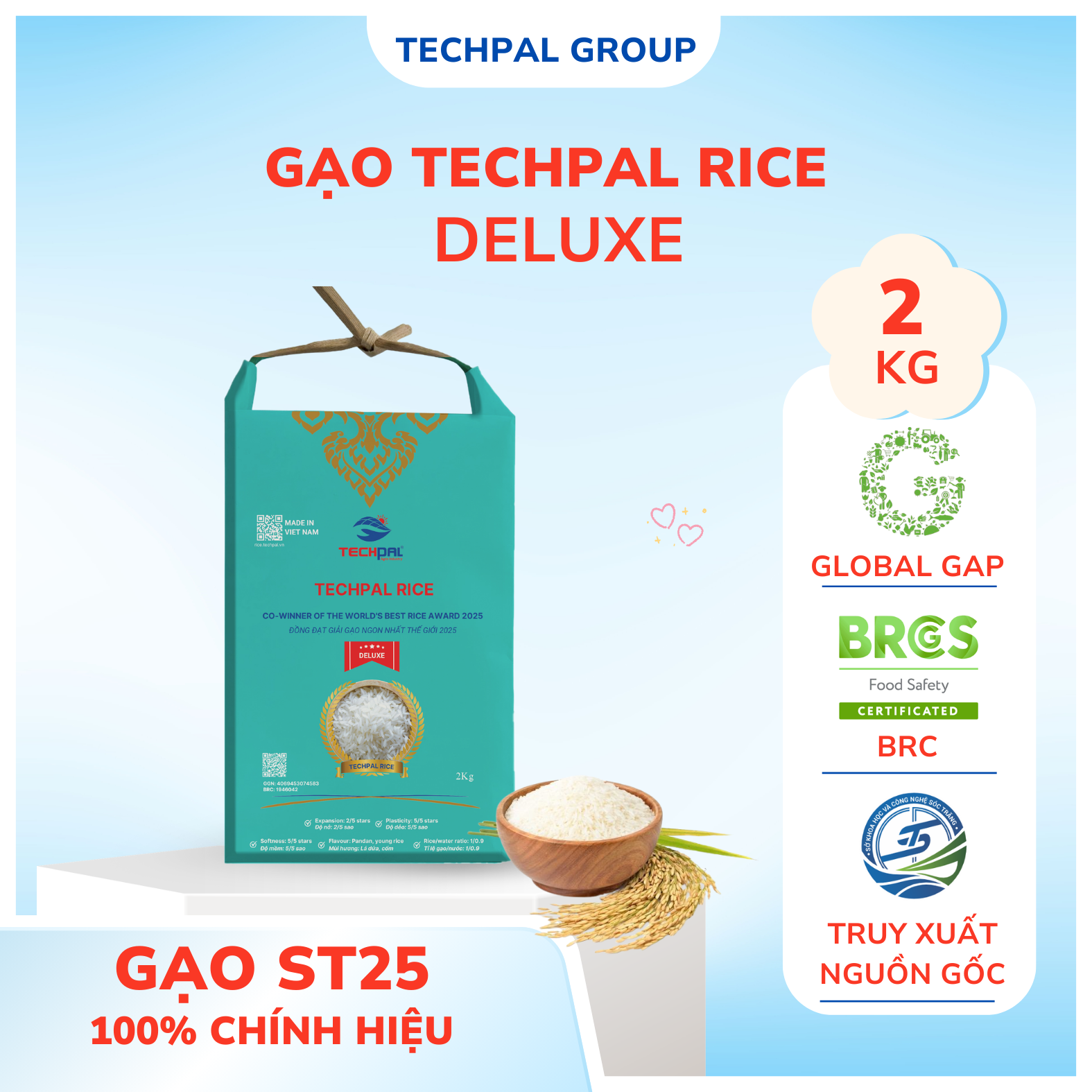 Gạo ST25-VIP Deluxe TECHPAL túi giấy 2Kg | Đạt chuẩn Global GAP