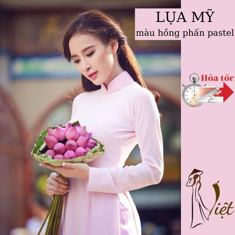 Áo dài truyền thống màu hồng phấn pastel trơn may sẵn lụa mỹ cao cấp