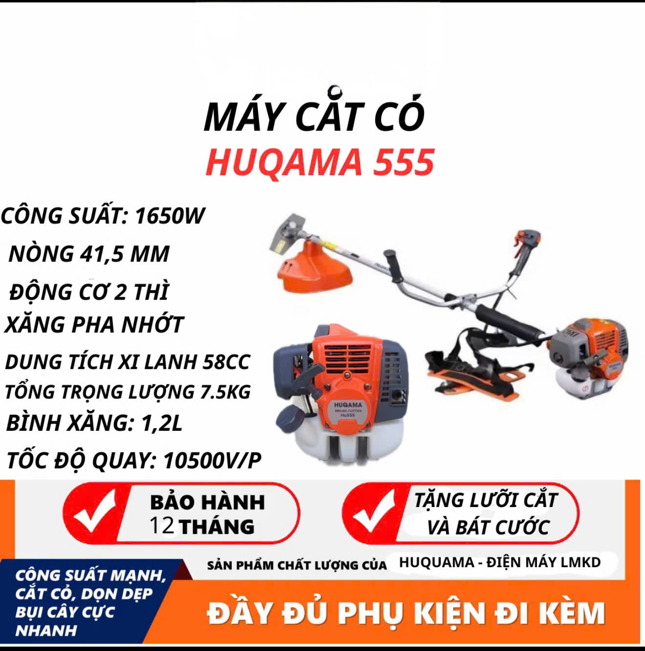 Máy cắt cỏ Huqama 555 Modell mới 2026 động cơ 2 thì 1.65Kw nòng 41.5cm³ trọng lượng 8kg.tặng bát cước.bảo hành 12 tháng