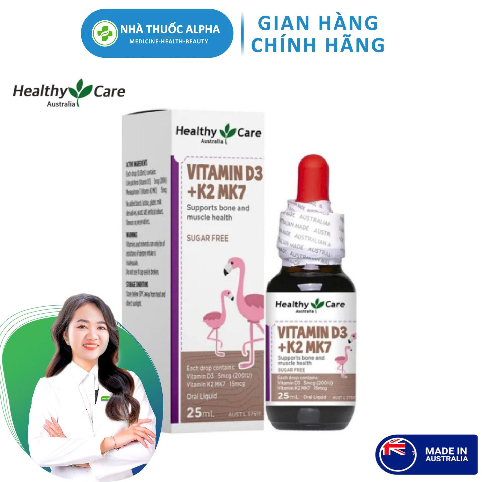 Siro hỗ trợ tăng chiều cao Vitamin D3 + K2 Mk7 Healthy Care cho bé, 25ml