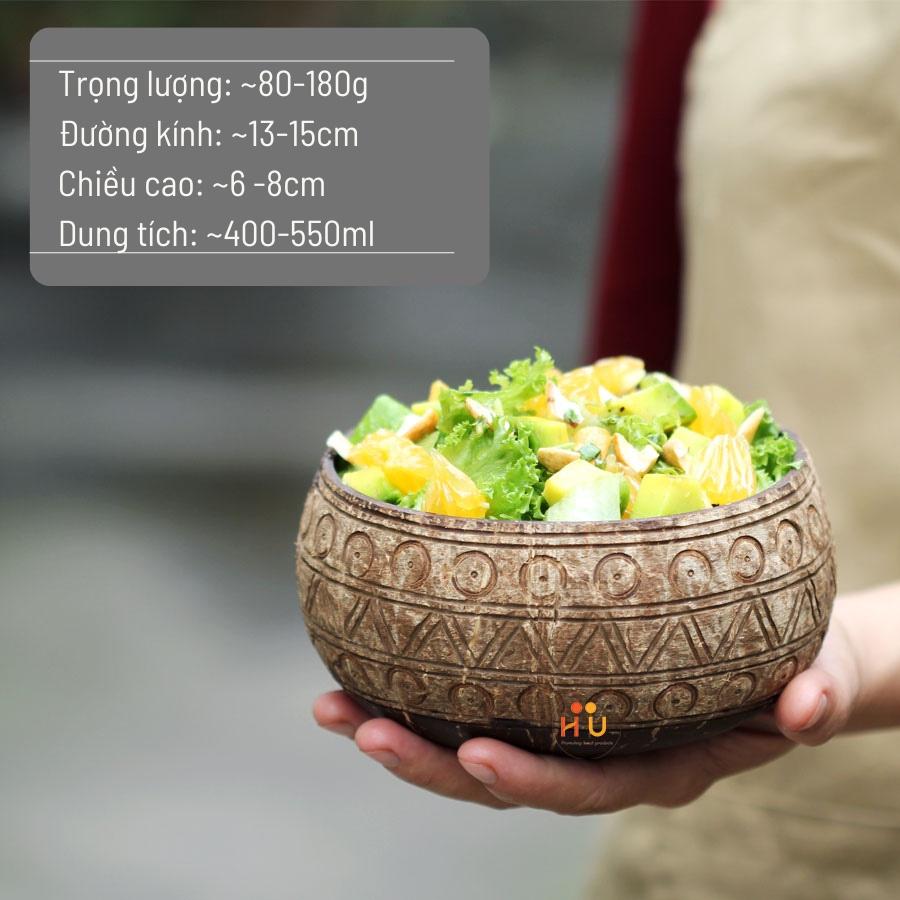 Bát gáo dừa ăn salad/ngũ cốc/trái cây khắc hoa văn ngẫu nhiên