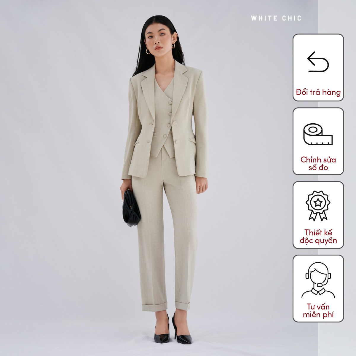 Set áo blaze kết hợp cùng áo gile &amp; quần âu Maddy thiết kế cao cấp WHITE CHIC - L