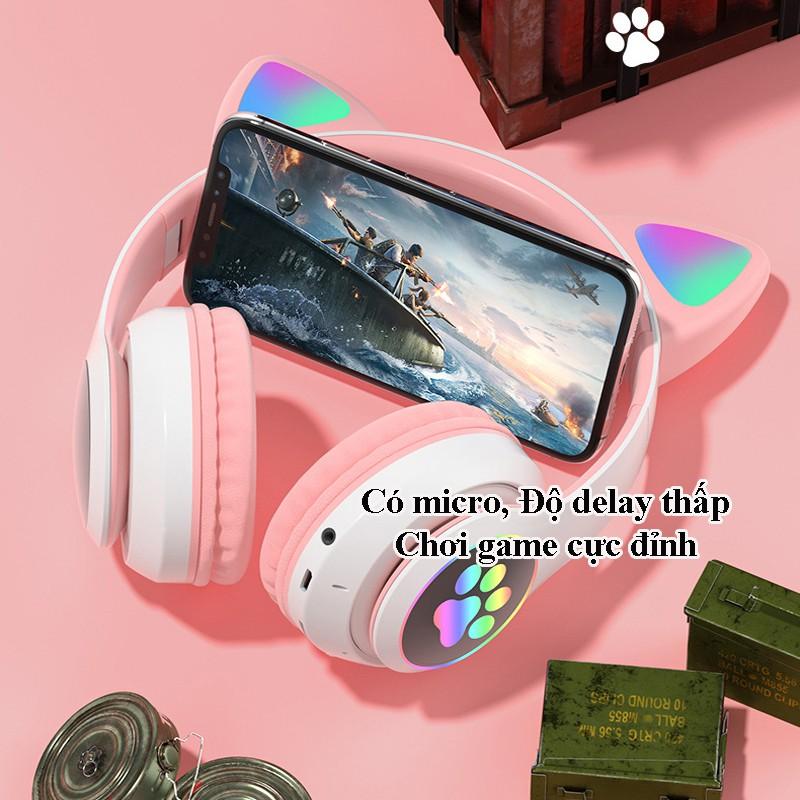 Tai nghe bluetooth có tai mèo cute, Có đèn led đổi màu (Tắt được nếu không muốn sử dụng), Headphone cao cấp