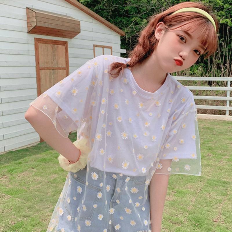 Summer Women Short Sleeve O-Neck Printed Mesh Tee Tops T Shirt Loose Daisy Tops