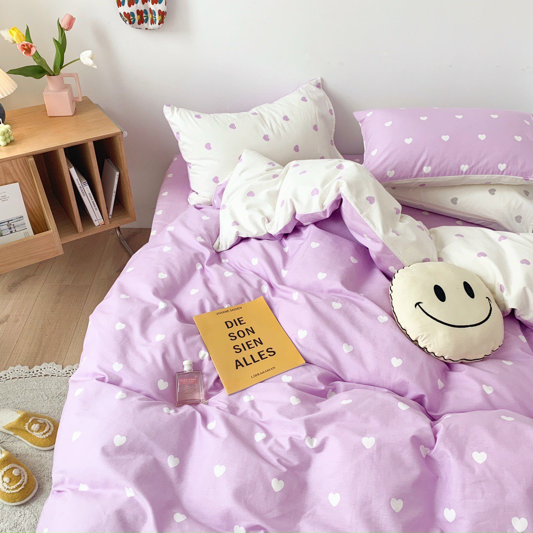 Bộ chăn ga gối 2 mặt cotton LIDACO PL1 - Tim tím trắng SP001451