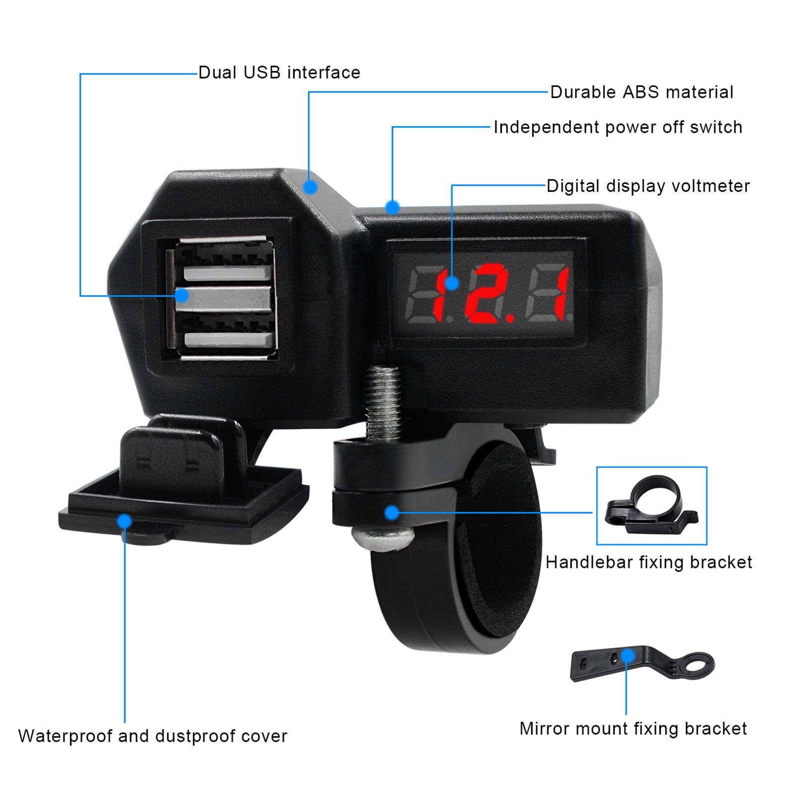 Motorcycle USB Charger Handlebar or Rear View Mirror Mounting Power Adapter